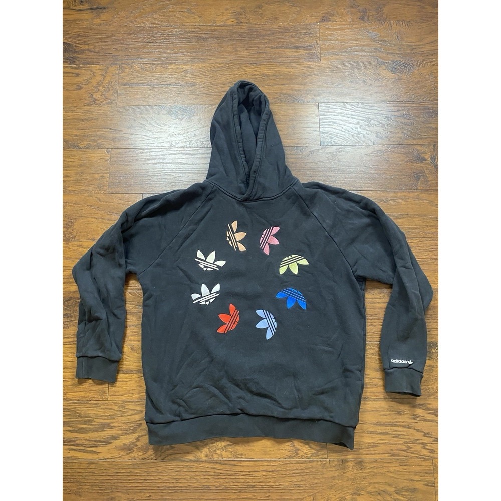 Adidas Originals Black Hoodie Multi Color Trefoil Circle‎ Logo Graphic Pullover